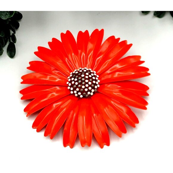 Vintage Flower Brooch & Earrings Set Orange Enamel Daisy Design 1960s Costume Je - Picture 4 of 9